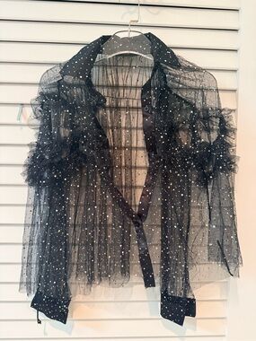 Storets Black Sheer Glitter Ruffle Tulle Blouse — One Size